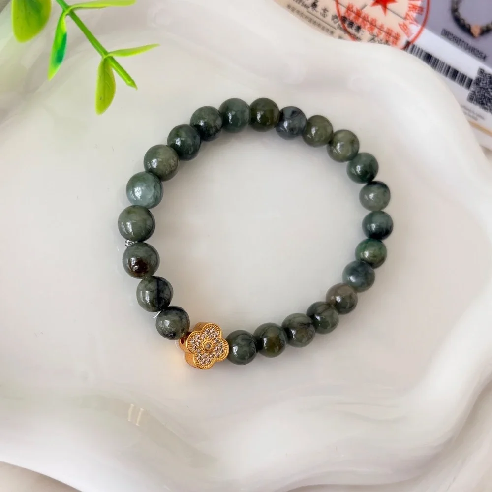 Authentic Green Jadeite Beaded Bracelet with Gold Clover Charm  20.03g